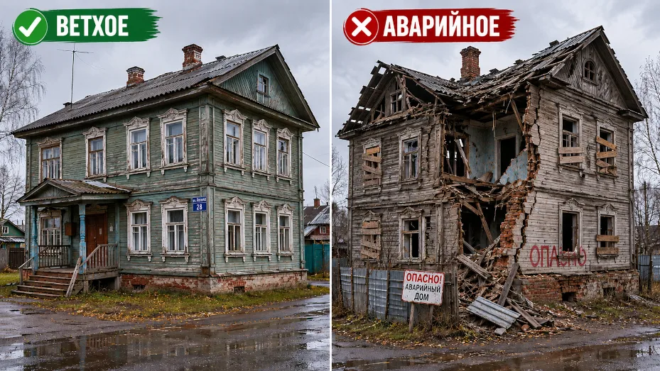 Сравнение ветхого и аварийного жилья: слева — старый, но целый деревянный дом, справа — дом с обрушенной стеной и разрушенной кровлей