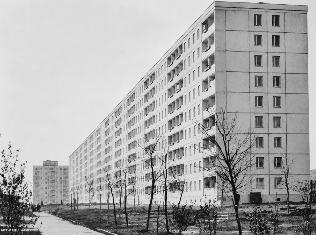 Чёрно-белое фото многосекционного панельного дома серии 1-464 с балконами
