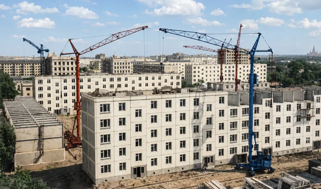 Строительство панельных пятиэтажек серии К-7 с башенными кранами, вид сверху